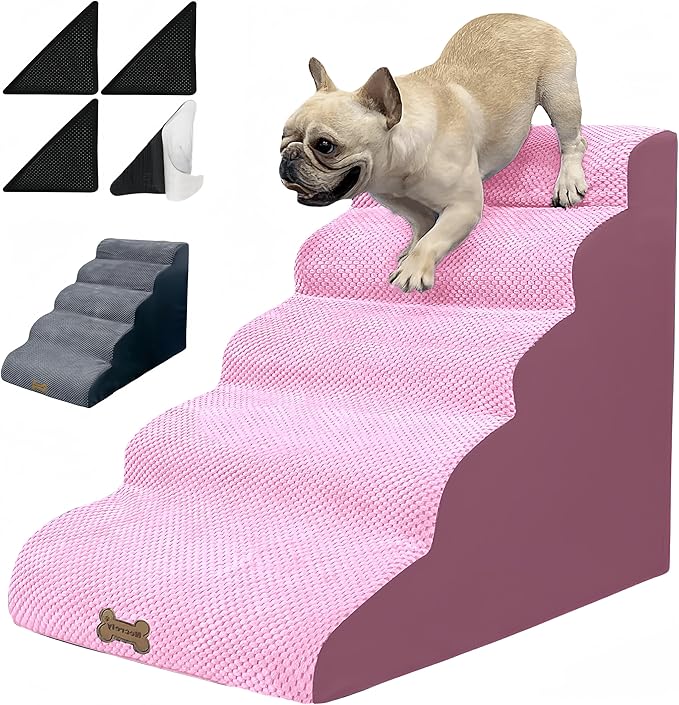 Dog Stairs & Pet Ramp for Small/Large Dogs to High Beds/Couches - 5 Steps 24-inch Height for 18-30 inch Furniture, 2 Washable Covers (Pink, Grey), Non-Slip Balanced 33D Design for Old Dogs & Cats-PawvioPets