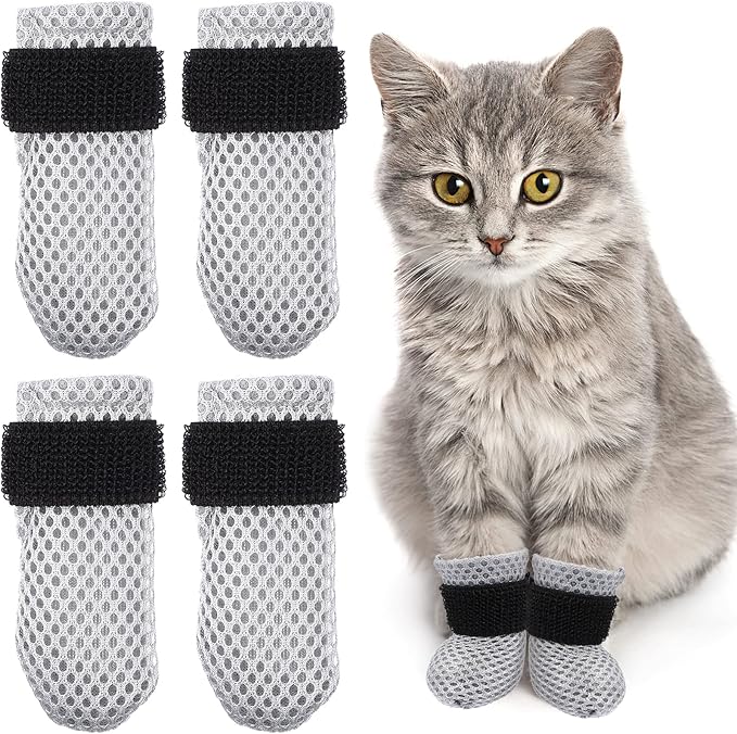 4Pcs Cat Nail Caps, Cats Booties Mittens Paw Covers Caps Shoes for Bathing Shaving Checking Nail Cutting, Pet Grooming Socks AntiScratch Adjustable Pet Claw Protector Foot Sleeves, Grey M-PawvioPets
