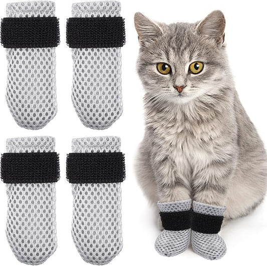 4Pcs Cat Nail Caps, Cats Booties Mittens Paw Covers Caps Shoes for Bathing Shaving Checking Nail Cutting, Pet Grooming Socks AntiScratch Adjustable Pet Claw Protector Foot Sleeves, Grey M-PawvioPets