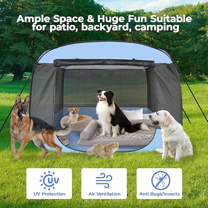 EighteenTek XLarge Popup Portable Dog Houses, 5.3'x4'H Assembly-Free Gazebo-Style Dog Cot Cat Playpen Screen Pet Tent Sun Shade Shelter Dog Bed with Canopy for Outdoor, Anti-Bugs with Leakproof Bottom-PawvioPets