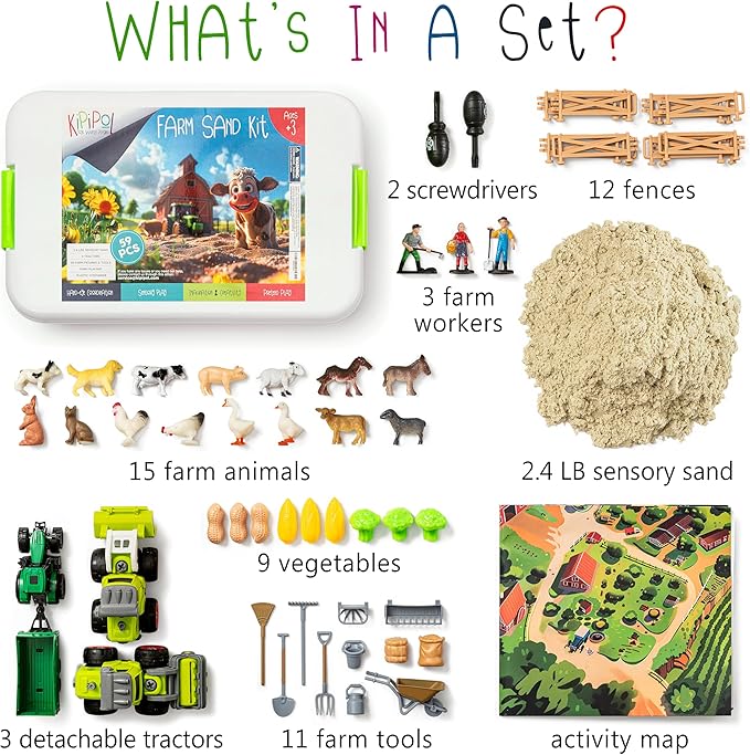 59 PCS Farm Sensory Bin Sandbox with Lid, 2.2 LB Sensory Sand, 40 Toddler Farm Toys, 3 Take Apart Construction Trucks -Sensory Toys for Kids 5-7, 3-4 & Up- Kids Gifts for Boys and Girls-PawvioPets