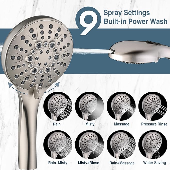 BRIGHT SHOWERS High Pressure Shower Head with Handheld, 9 Spray Settings Showerhead Built in Power Wash to Clean Tub and Pets, Extra Long 69" Hose, Adjustable Bracket, Brushed Nickel-PawvioPets