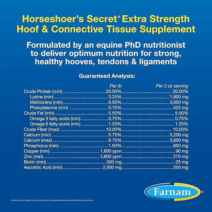 Farnam Horseshoer's Secret EXTRA STRENGTH Hoof Supplements & Connective Tissue Supplement, Promotes strong, healthy hooves, tendons & ligaments, 3.75 lbs., 30 day supply-PawvioPets