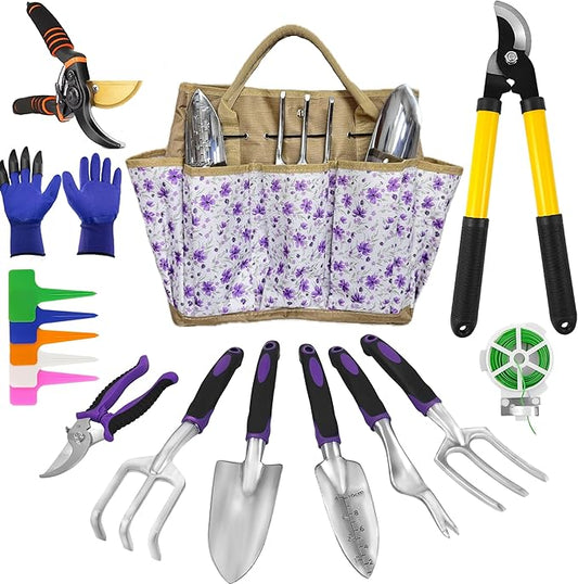 Gardening Tools – 42 Piece Premium Gardening Tool Set,Heavy Duty Hand Tools with Fashion Garden Tools Organizer Handbag,Rust-Proof Gardening Tool Kit, Ideal Gardening Gifts for Women((Purple Floral)-PawvioPets