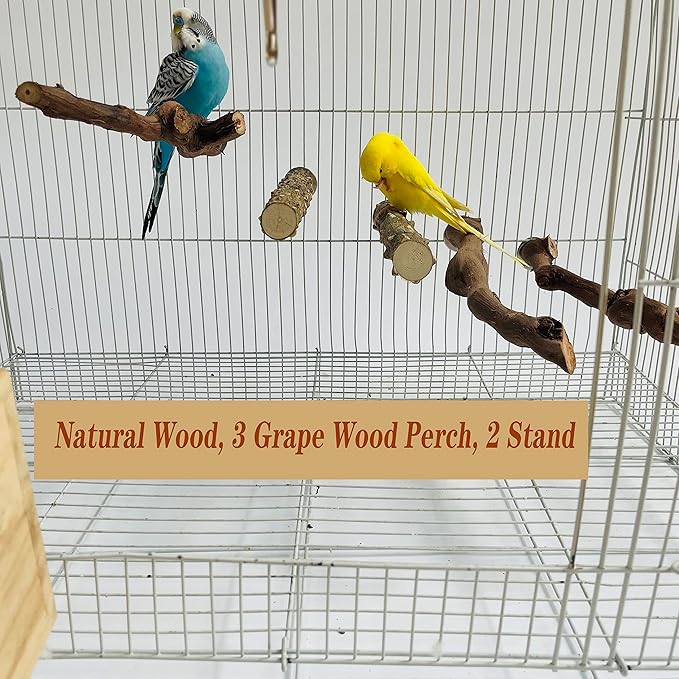 5PCS Bird Perch Stand Natural Wooden Parrot Stand Branch,3 Grape Wood Perch,2 Stand,Paw Grinding Fork Parakeet Chewing Stick Exercise Training Branches for Cockatiels,Small Medium Birds-PawvioPets