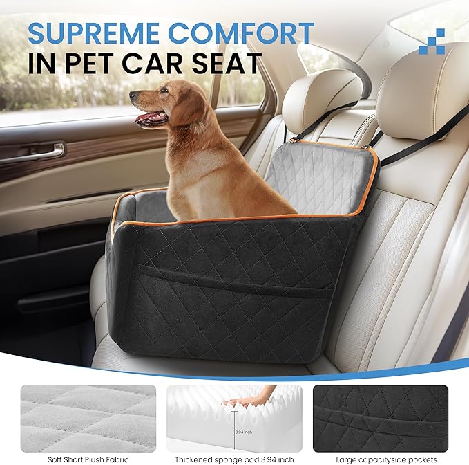 Dog Car Seat for Medium Dogs - Pet Car Seat with 2 Safety Straps & Waterproof Padding, Portable Pet Carrier for Cars, Trucks & SUVs, Comfortable Booster Bed for Pets Up to 55lbs (Black/Grey)-PawvioPets