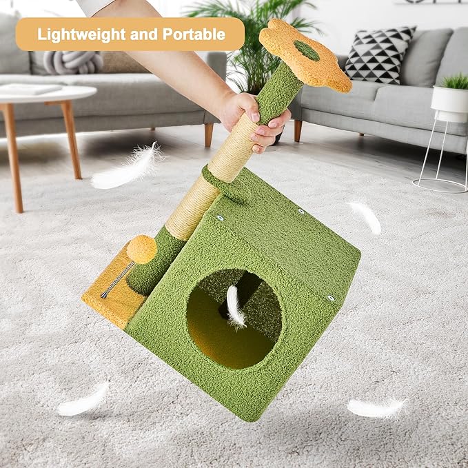 24 Inch Cat Tree Condo for Indoor Cats with Floral Sisal Scratching Post, Plush Hang Ball Play Furniture for Kittens Cats, Yellow-PawvioPets