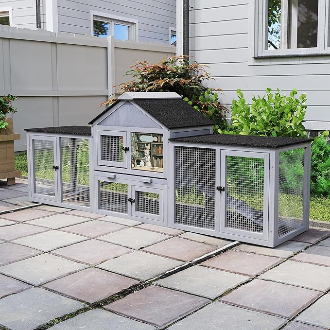COZIWOW 82inches Extra Large Wood Rabbit Hutch Outdoor Easy to Assemble and Stable Bunny Cage Indoor with Cleaning Tray & Waterproof Roof for Small and Medium Bunny Rabbit Chick (Grey)-PawvioPets