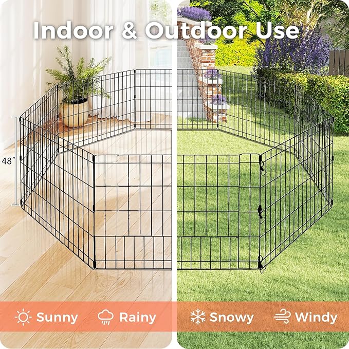 Foldable Dog Playpen 48" Height 8 Panels Metal Exercise Pen No Door - Indoor/Outdoor Dog Play Pen for Medium-Large Dogs, Portable Pet Fence for Yard Garden Camping, Black-PawvioPets