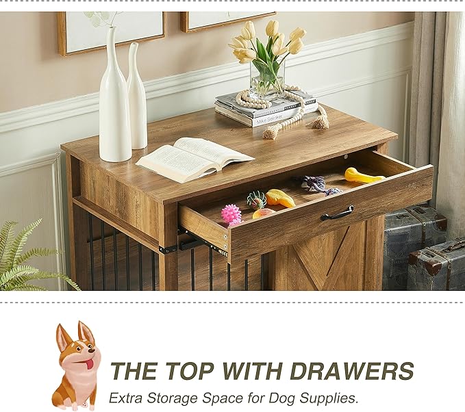 EDYO LIVING 38" Large Dog Crate Furniture with Sliding Barn Door, Wooden Dog Kennel with Drawer for Storage, Water Resistant Indoor Furniture Style Dog Crate for Small/Medium/Large Dog, Rustic Oak-PawvioPets