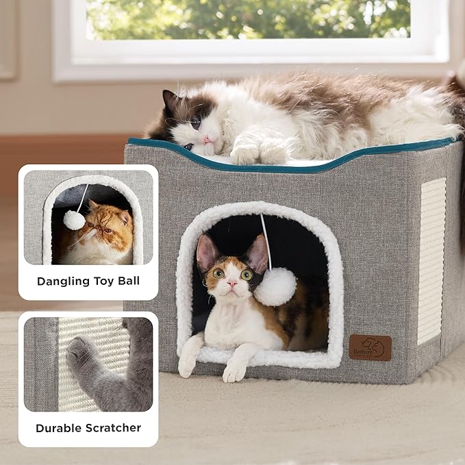 Bedsure Cat Beds for Indoor Cats - Large Cat Cave for Pet Cat House with Fluffy Ball Hanging and Scratch Pad, Foldable Cat Hideaway, 16.5x16.5x13 inches, Grey-PawvioPets