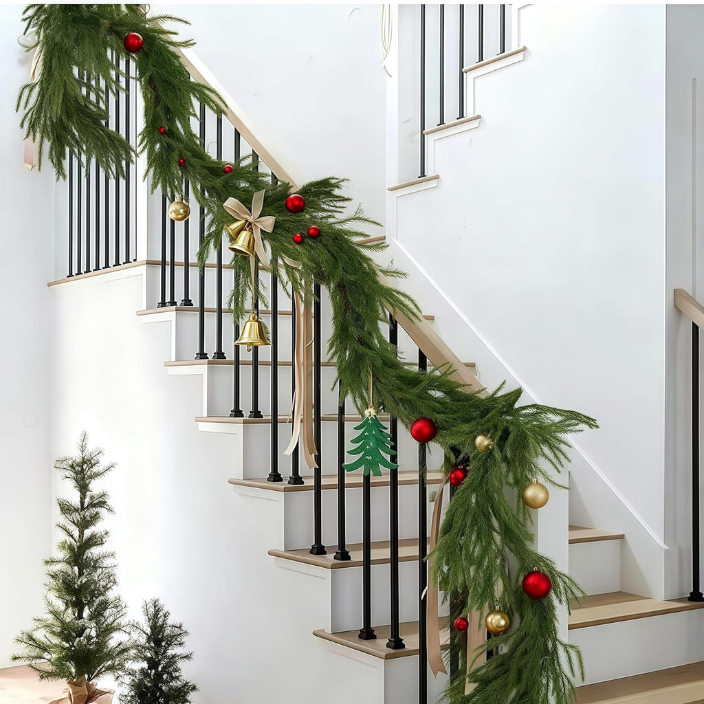 Christmas Decorations Artificial Norfolk Pine Garlands 6FT, Real Touch Winter Pine Garland, Green Artificial Greenery Garland for Table, Mantle, Wall, Indoor, Outdoor Decorations