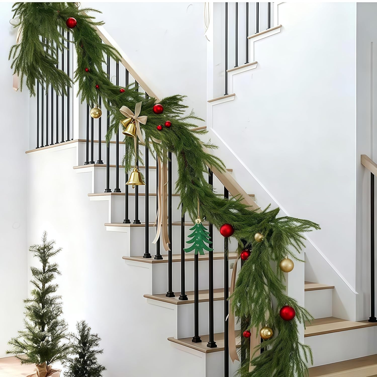 Christmas Decorations Artificial Norfolk Pine Garlands 6FT 4Pcs, Real Touch Winter Pine Garland, Green Artificial Greenery Garland for Table, Mantle, Wall, Indoor, Outdoor Decorations