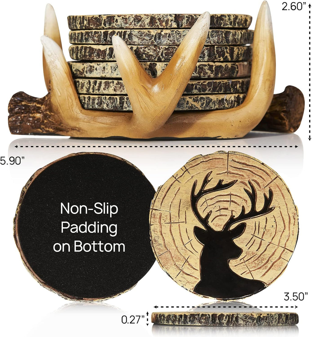 Deer Antlers Coaster Set of 6 – Handcrafted Deer Antler Decor and Man Cave Gifts for Men - 6 Full Size Deer Antlers Coasters for Man Cave Décor