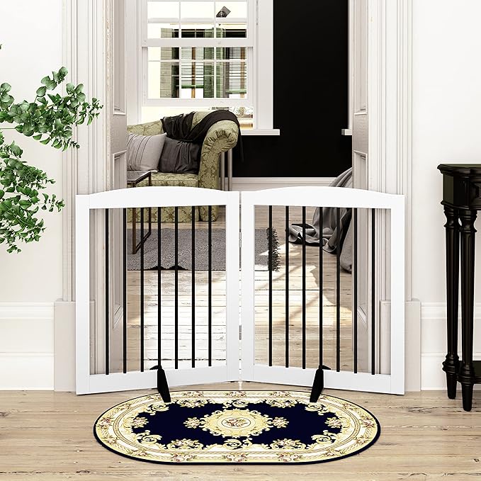 Freestanding Pet Gate for Dogs, Foldable Wooden Dog Gate for House, Indoor Pet Barrier for Stairs, Doorways, Support Feet Included, 24" Height 2 Panels, White-PawvioPets