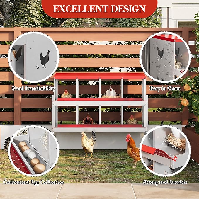 8 Hole Chicken Nesting Box with Roll Out Egg Tray, Rustproof & Ventilated Chicken Laying Boxes for Hens, Chickens, Ducks | Easy-Clean Poultry Coop Accessories, Red with Stand-PawvioPets
