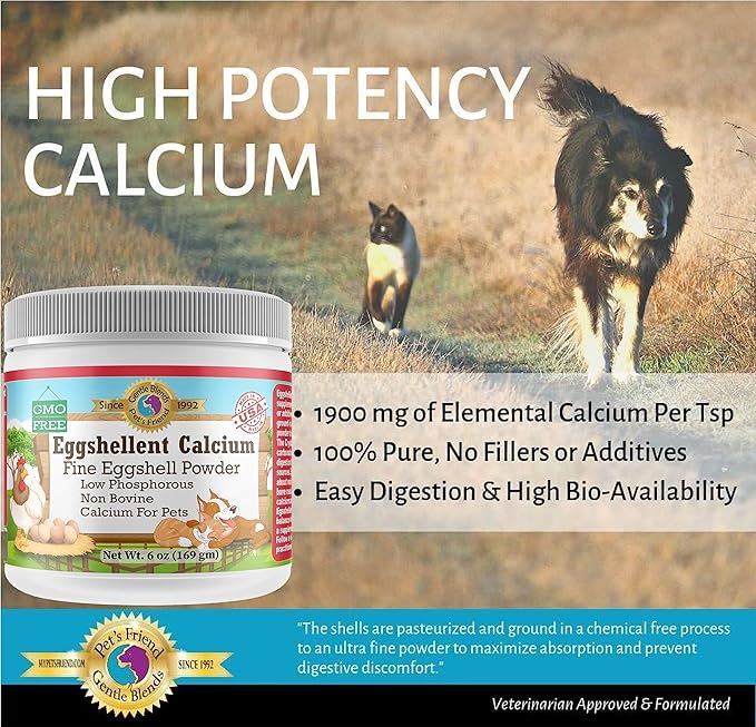 Calcium for Dogs and Cats - Fine Eggshell Powder - Strong Hip & Joint Supplement for Dogs and Cats- Dietary Supplement - No Additives - Pet's Friend Eggshellent Calcium 6oz-PawvioPets