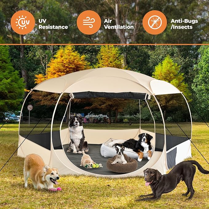EighteenTek XXLarge Popup Portable Dog Houses, 10'x4.8'H Assembly-Free Gazebo-Style Dog Cot Cat Playpen Screen Pet Tent Sun Shade Shelter Dog Bed with Canopy for Outdoor Anti-Bugs with Leakproof Floor-PawvioPets