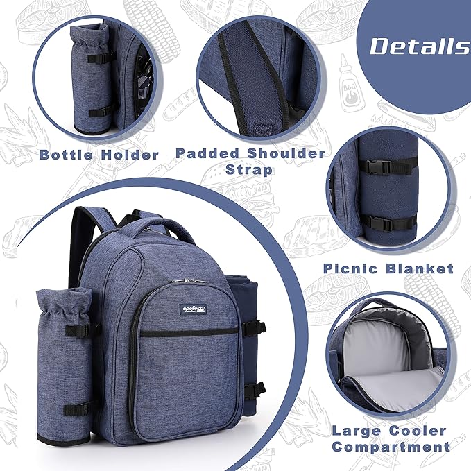 Apollo Walker Picnic Backpack Bag for 2 Person with Cooler Compartment, Detachable Bottle/Wine Holder, Fleece Blanket, Plates and Cutlery Set (2 Person, Navy)-PawvioPets