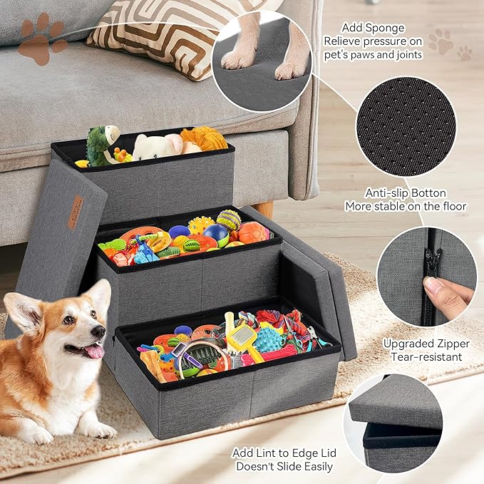 Dog Stairs with Storage 18" H, 3-Step Wider Dog Steps for Small/Medium/Large Old Dogs Cats, Folding Sturdy Pet Stairs Climbing Bed Couch, Ramp for Car Hold Up to 200 lbs (Dark Grey, No Condo)-PawvioPets