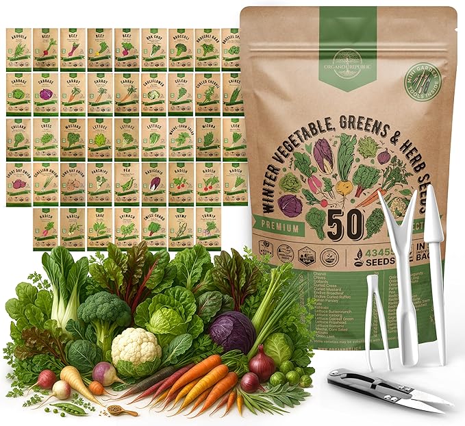 50 Winter Vegetable Garden Seeds Variety Pack - 43,450+ Non-GMO Heirloom Seeds for Outdoors & Indoor Home Gardening, Including Kohlrabi, Lettuce, Radish, Onion, Choy, Spinach, Cauliflower, Collards-PawvioPets