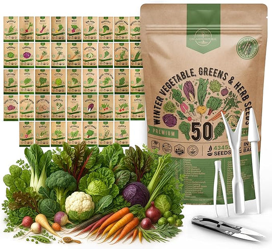 50 Winter Vegetable Garden Seeds Variety Pack - 43,450+ Non-GMO Heirloom Seeds for Outdoors & Indoor Home Gardening, Including Kohlrabi, Lettuce, Radish, Onion, Choy, Spinach, Cauliflower, Collards-PawvioPets