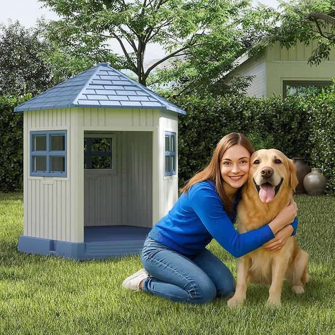 DRATO Dog House Indoor Outdoor Durable Large Dog Shelter with Outside Dog Kennel with Window and Elevated Floor for Small Medium Dogs (Blue, 34.8 * 30.51 * 36.89)-PawvioPets