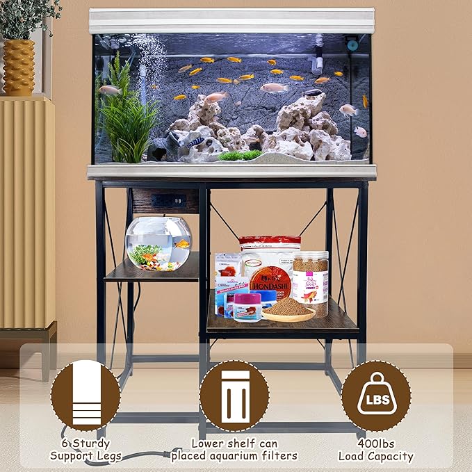 20-37 Gallon Fish Tank Stand with Power Outlet, 30.7"x13.8" Metal Frame Fish Stand, 3-Tier Wood Aquarium Stand, 400LBS Capacity Reptile Terrarium Stand-PawvioPets