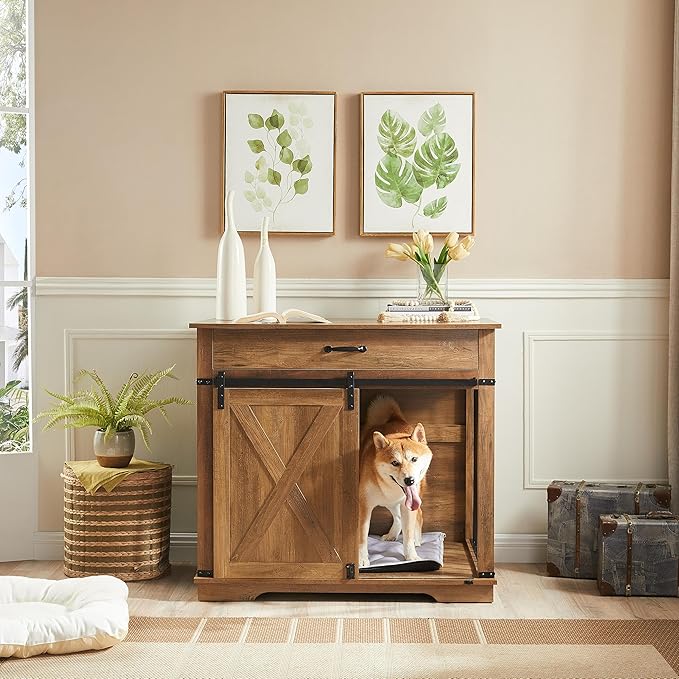 EDYO LIVING 38" Large Dog Crate Furniture with Sliding Barn Door, Wooden Dog Kennel with Drawer for Storage, Water Resistant Indoor Furniture Style Dog Crate for Small/Medium/Large Dog, Rustic Oak-PawvioPets