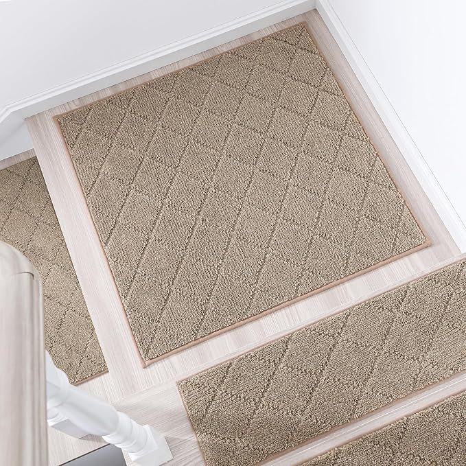 COSY HOMEER Edging Stair Treads Non-Slip Corner Indoor Stair Runners for Wooden Steps,Landing Slip Resistant Stair Rugs Mat for Kids and Dogs,100% Polyester TPE Backing,Beige,30x30 inch-PawvioPets