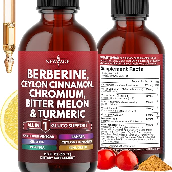 Berberine with Ceylon Cinnamon Supplement Liquid Drops + Bitter Melon Extract, Glucomannan, Gymnema, Chromium, Turmeric, Panax Ginseng, Moringa - 2 OZ-PawvioPets