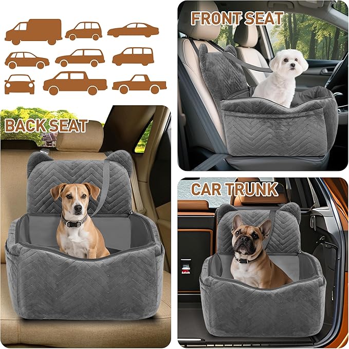 Dog Car Seat Booster with Waterproof Cover, Memory Foam, Small/Medium Dog Bed for Car Back Seat for Travel, Grey, 2 Safety Belt-PawvioPets
