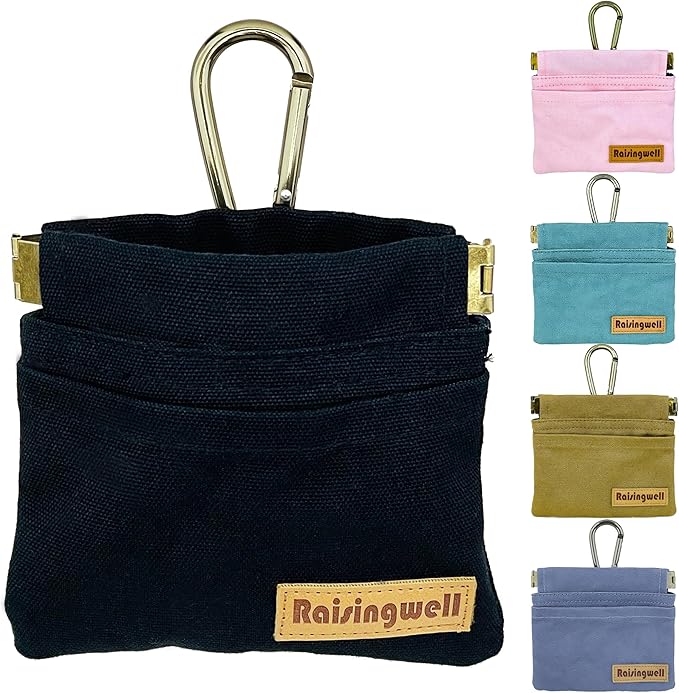 Dog Treat Pouch, Black Pocket Sized Pet Training Pouch, Cotton Fabric, Hand Free Dog Walking Bag with Carabiner, Self-Closing Pet Feed Snack Reward, for Pet Puppy Travel or Outdoor Use-PawvioPets