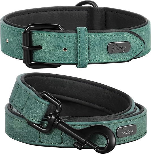 Didog Soft Padded Leather Dog Collar and Leash Set, Adjustable and Breathable Pet Collars with 4FT PU Leather Dog Leash for Small Medium Large Dogs, Green, XL-PawvioPets