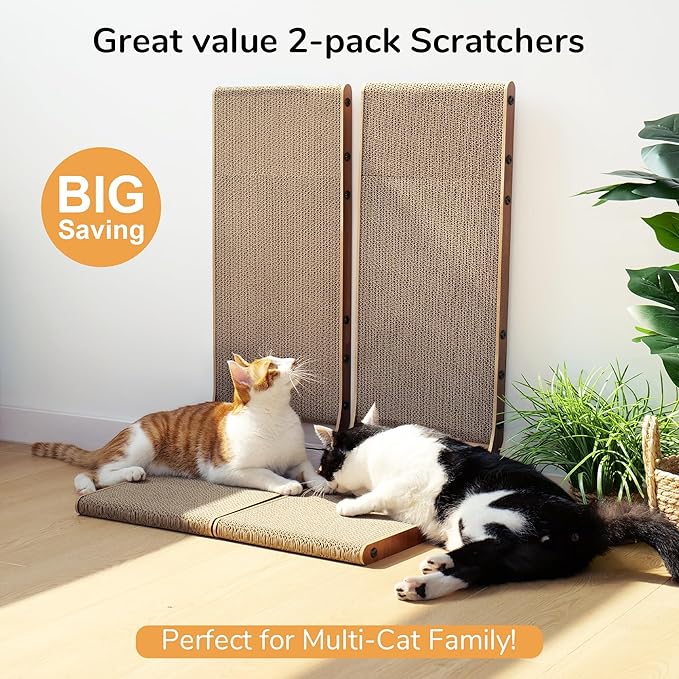 FUKUMARU Cat Scratcher, 26.8 Inch Cat Scratch Pad for Indoor Cats, L Shaped Cardboard Vertical Cats Scratching Board with Ball Toy, Walnut Color, 2 Packs-PawvioPets