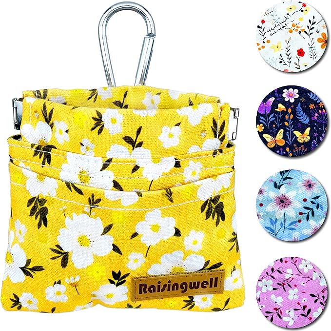 Dog Treat Pouch, Pocket Sized Pet Training Pouch, Cotton Fabric, Hand Free Yellow Flower Dog Walking Bag with Carabiner, Self-Closing Pet Feed Snack Reward, for Puppy Travel or Outdoor Use-PawvioPets