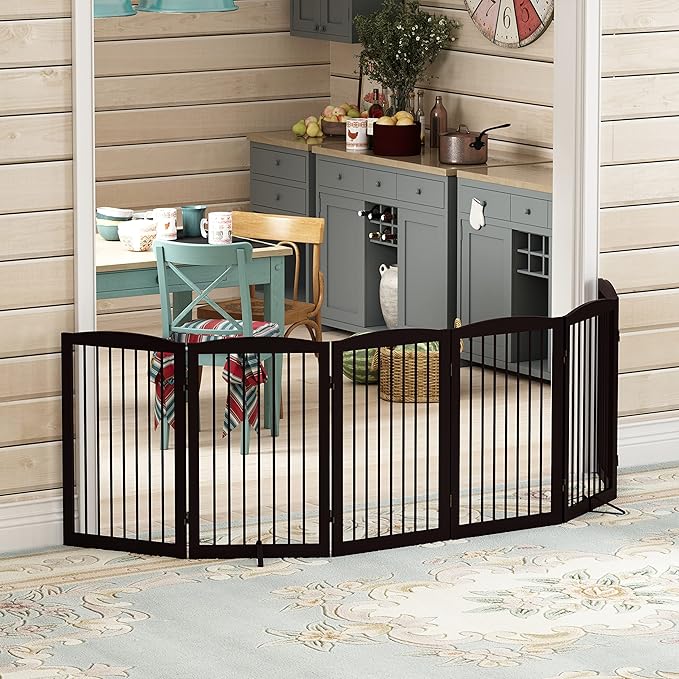 Freestanding Pet Gate for Dogs, Indoor Wooden Foldable Dog Gate for House, Extra Wide, Pet Fence for Stairs, Doorways, Halls, Support Feet Included, 120 Inch Wide, 6 Panels 32",Brown-PawvioPets