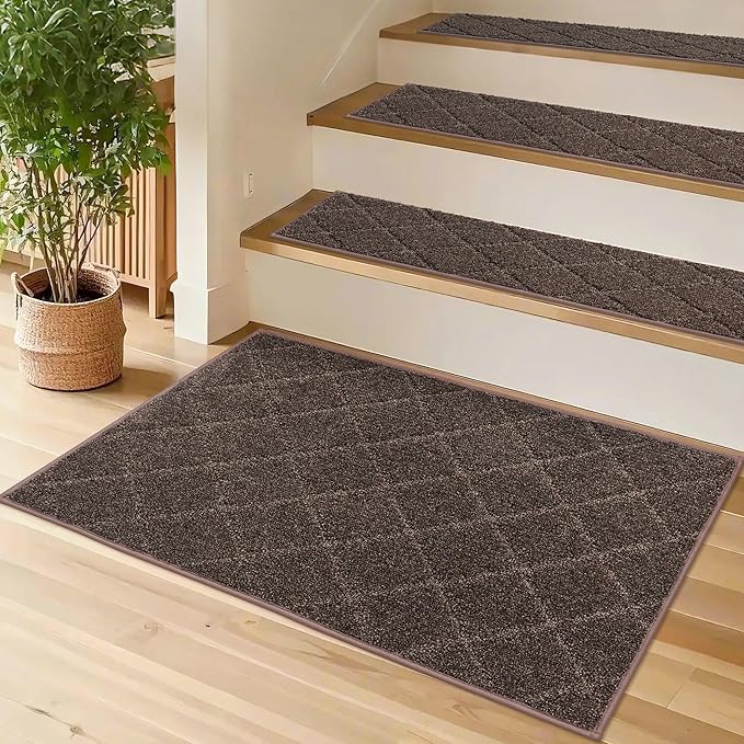 COSY HOMEER Edging Stair Treads Non-Slip Corner Indoor Stair Runners for Wooden Steps,Landing Slip Resistant Stair Rugs for Kids and Dogs, 100% Polyester TPE Backing,Brown,20"X32"-PawvioPets