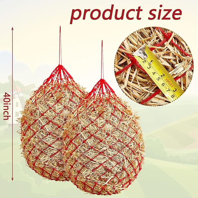 Fabbay 4 Pcs Slow Feed Hay Net Feeder Hay Bag for Horses Slow Feeder 40 Inch Length with 2 Inch Holes Hanging Horse Feed Net for Goat Cattle Equine Stalls Barn Supplies(Red)-PawvioPets