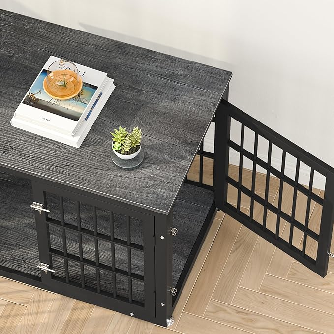 32 Inch Heavy Duty Dog Crate Furniture for Medium and Small Dogs, Decorative Pet House End Table, Wooden Cage Kennel Furniture Indoor, Gray-PawvioPets