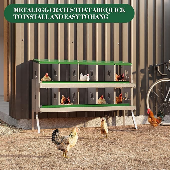 10 Hole Chicken Nesting Box with Roll Out Egg Tray, Rustproof & Ventilated Chicken Laying Boxes for Hens, Chickens, Ducks | Easy-Clean Poultry Coop Accessories, Green with Stand-PawvioPets