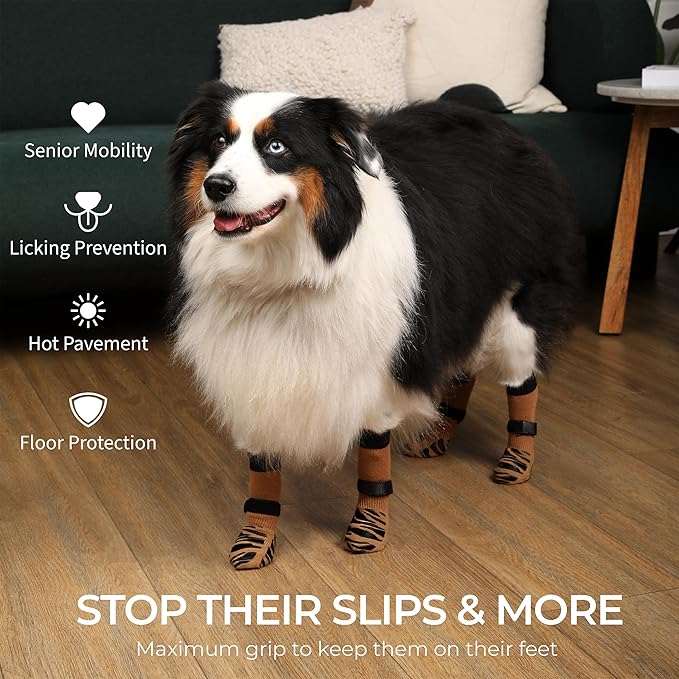 DOK TigerToes Premium Non-Slip Dog Socks for Hardwood Floors - Extra-Thick Grip That Works Even When Twisted - Prevents Licking, Slipping, and Great for Dog Paw Protection (Cool Caramel, X-Small)-PawvioPets