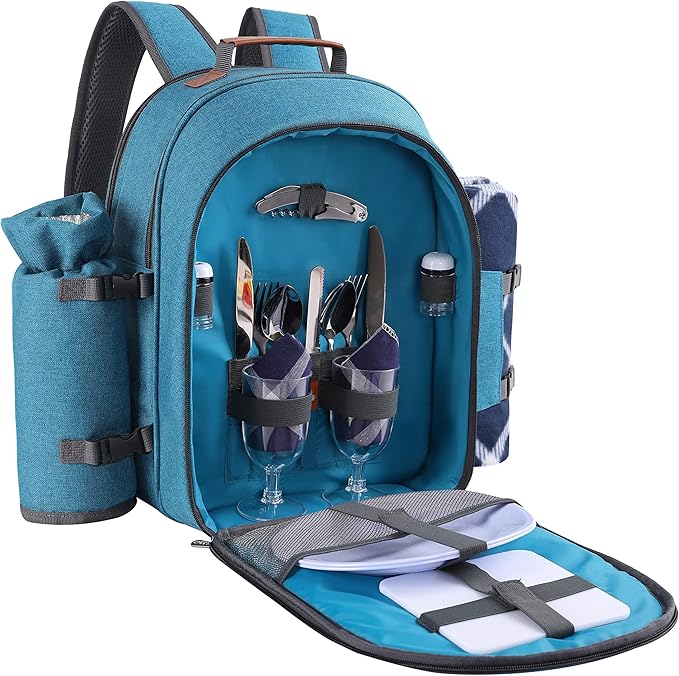 Apollo Walker Picnic Backpack Set for 2 Person with Cooler Compartment, Detachable Bottle/Wine Holder, Fleece Blanket, Plates and Cutlery Set (Teal)-PawvioPets