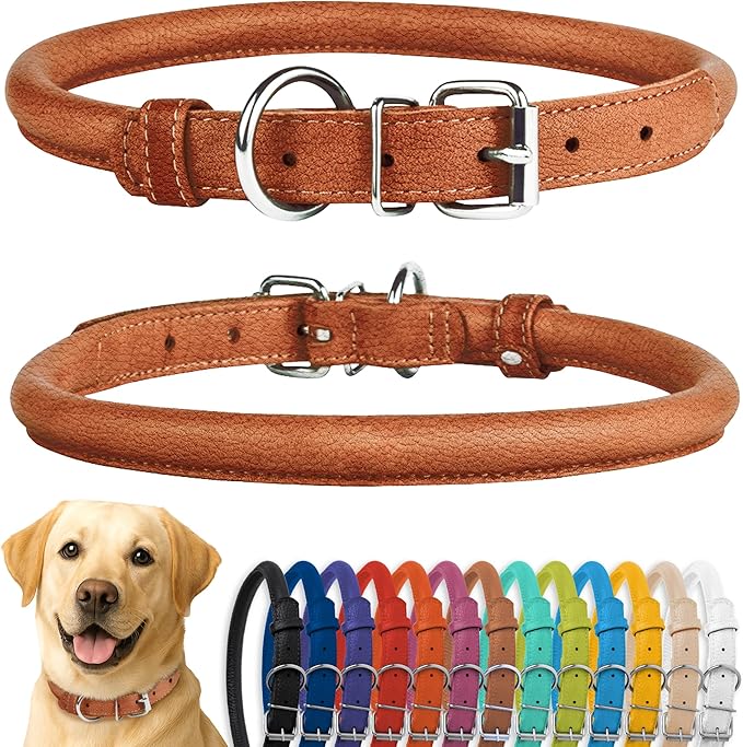 CollarDirect Rolled Leather Dog Collar, Soft Padded Round Puppy Collar, Handmade Genuine Leather Collar Dog Small Large Cat Collars 13 Colors (15-19 Inch, Cinnamon Textured)-PawvioPets