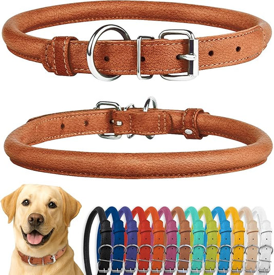 CollarDirect Rolled Leather Dog Collar, Soft Padded Round Puppy Collar, Handmade Genuine Leather Collar Dog Small Large Cat Collars 13 Colors (15-19 Inch, Cinnamon Textured)-PawvioPets