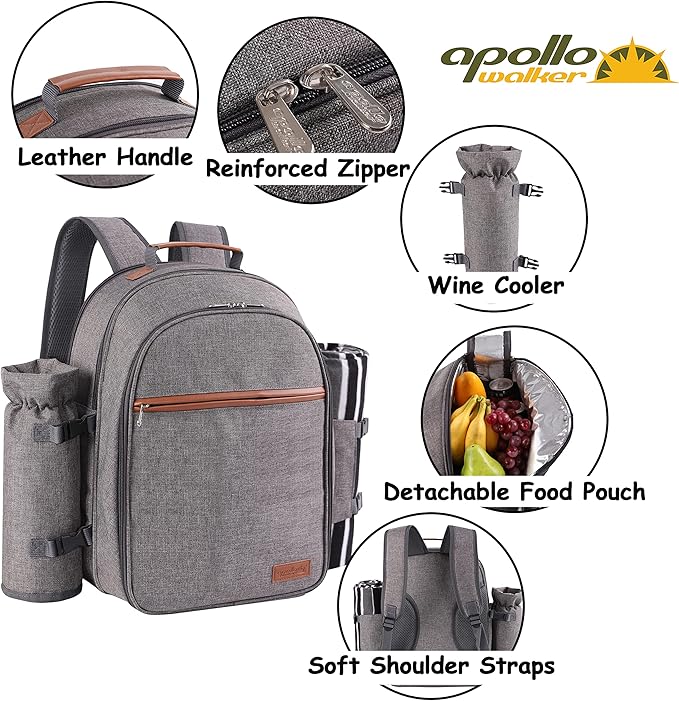 Apollo Walker Picnic Backpack Set for 2 Person with Cooler Compartment, Detachable Bottle/Wine Holder, Fleece Blanket, Plates and Cutlery Set-PawvioPets