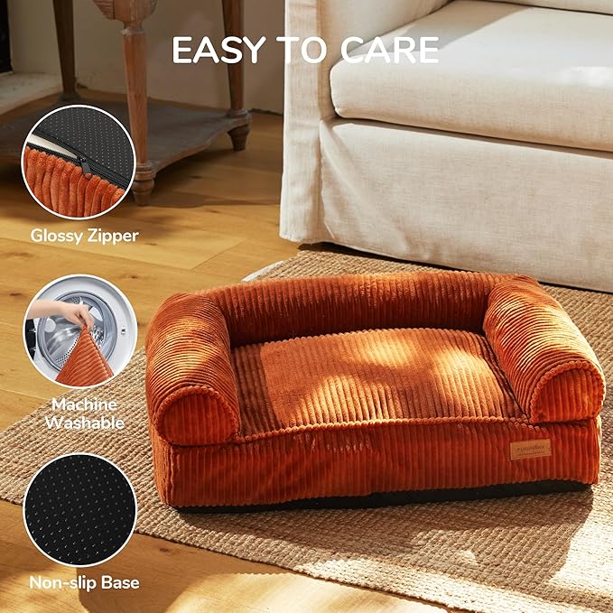 FUKUMARU Dog Couch Bed, Corduroy Cozy Cat Bed for Indoor Cats with Washable Cover, Supportive Waterproof Dog Beds Sofa for Small Dogs and Large Cats Cute, 28inch, Medium, Orange-PawvioPets