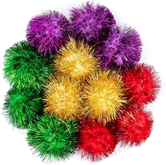 AUEAR, 12 Pack 2 Inch Sparkle Ball Shiny Glitter Tinsel Pom Poms Interactive Cat Balls for Kittens (4 Colors, 12 Inch-12 Pack)-PawvioPets