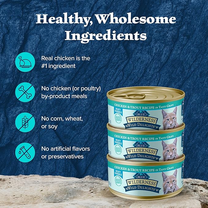 Blue Buffalo Wilderness Wild Delights Meaty Morsels Wet Cat Food, High-Protein & Grain-Free, Made with Natural Ingredients, Chicken & Trout Recipe in Tasty Gravy, 3-oz. Cans (24 Count)-PawvioPets