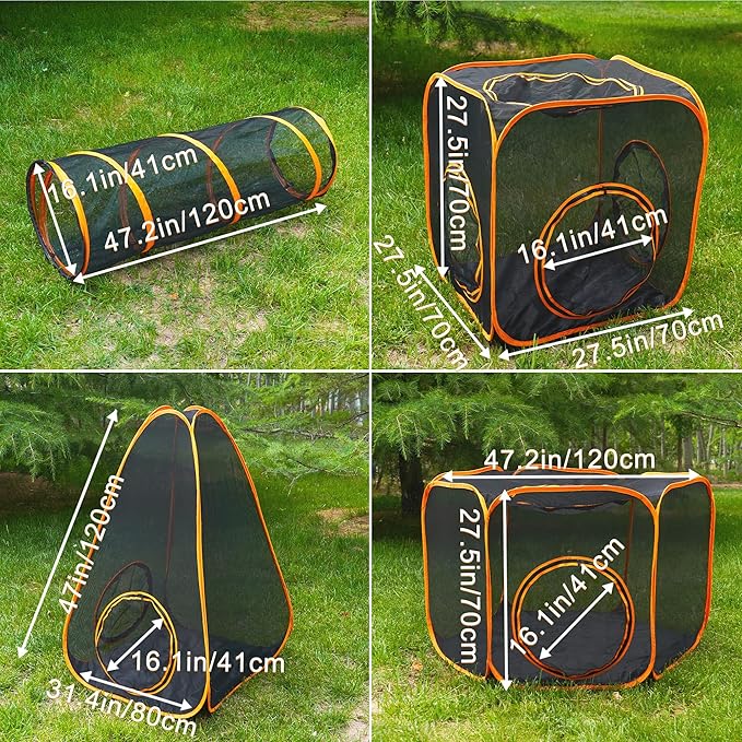 7 in 1 Outdoor Cat Enclosure, Foldable Pop-Up Mesh Playpen Tunnel for Pet Run, Foldable Outside Enclosed Tent Cage for Small Dogs, Rabbit and Other Animals-PawvioPets
